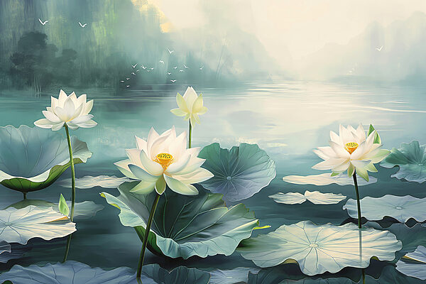 Malerei von weißen Blumen und Blättern auf Wasser Malerei von weißen Blumen und Blättern auf Wasser