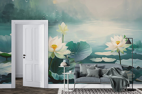 Malerei von weißen Blumen und Blättern auf Wasser Malerei von weißen Blumen und Blättern auf Wasser