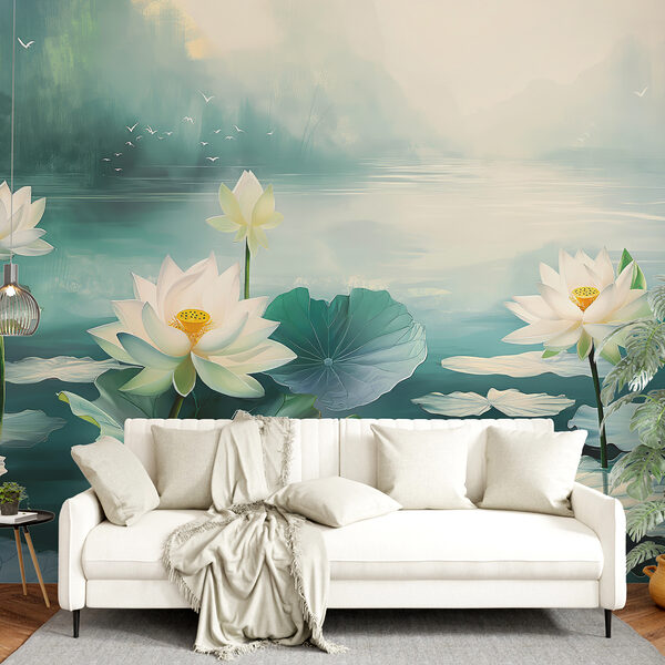 Malerei von weißen Blumen und Blättern auf Wasser Malerei von weißen Blumen und Blättern auf Wasser