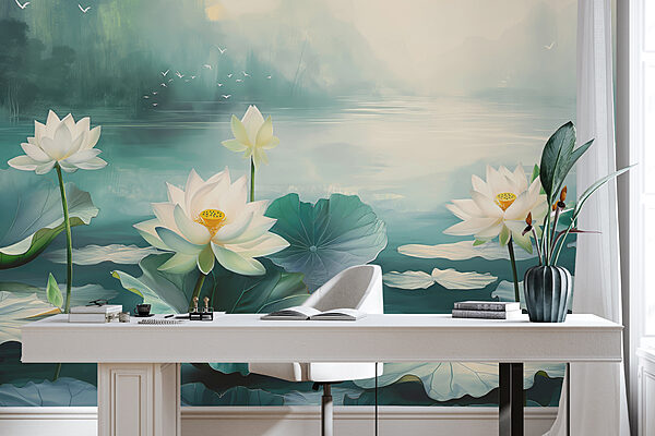Malerei von weißen Blumen und Blättern auf Wasser Malerei von weißen Blumen und Blättern auf Wasser