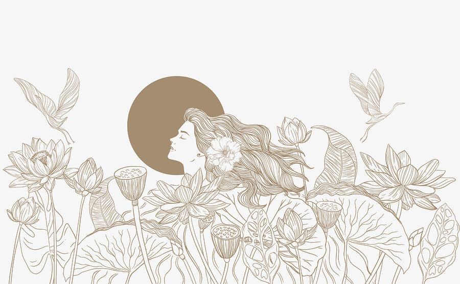 Frau mit langen Haaren und Blumen