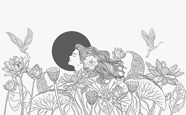 Frau mit langen Haaren und Blumen Frau mit langen Haaren und Blumen