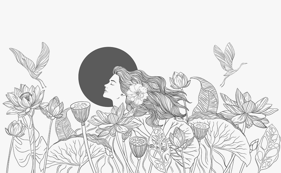 Frau mit langen Haaren und Blumen Frau mit langen Haaren und Blumen