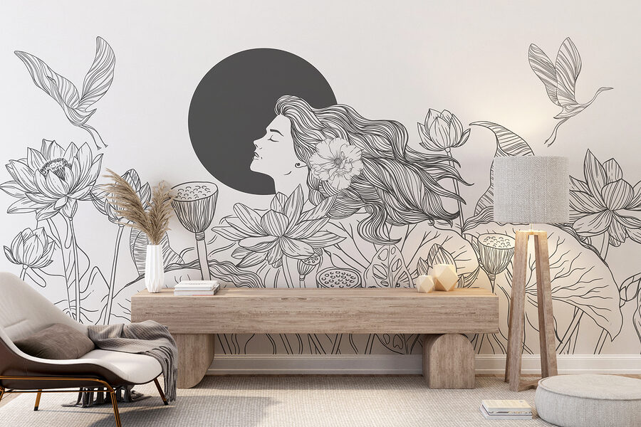 Frau mit langen Haaren und Blumen Frau mit langen Haaren und Blumen