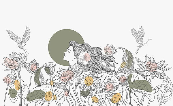 Frau mit langen Haaren und Blumen Frau mit langen Haaren und Blumen