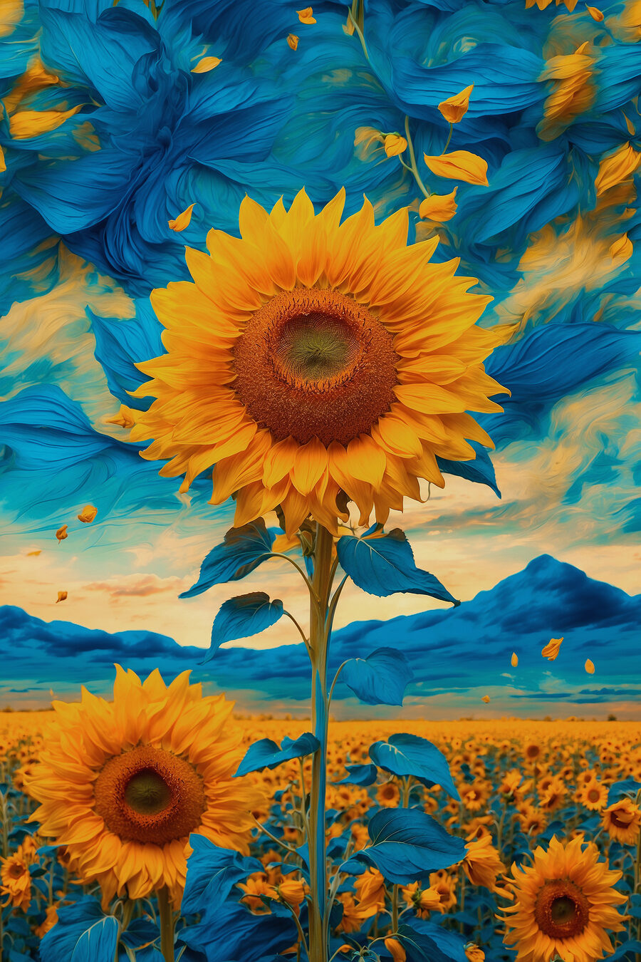 Sonnenblume mit blauen und gelben Blättern