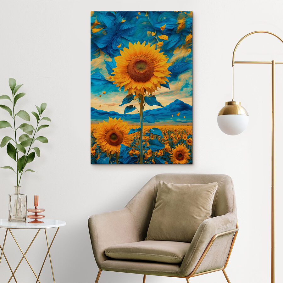 Sonnenblume mit blauen und gelben Blättern