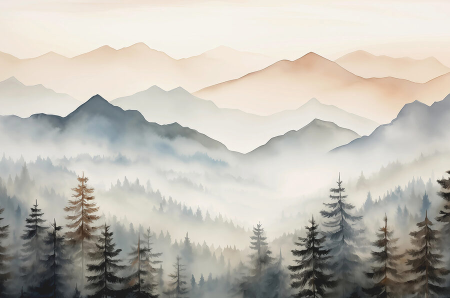 Fototapeten Landschaft mit Bergen, Bäumen und Nebel – Bild 3