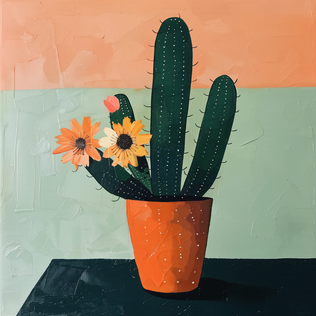 Painting of a cactus with flowers in a pot
