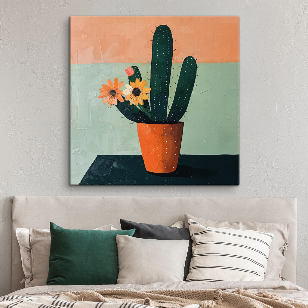 Painting of a cactus with flowers in a pot