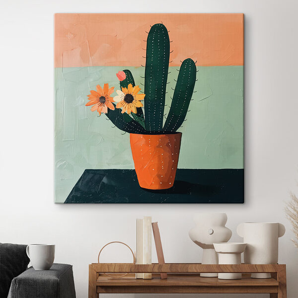 Gemälde eines Kaktus mit Blumen in einem Topf Gemälde eines Kaktus mit Blumen in einem Topf