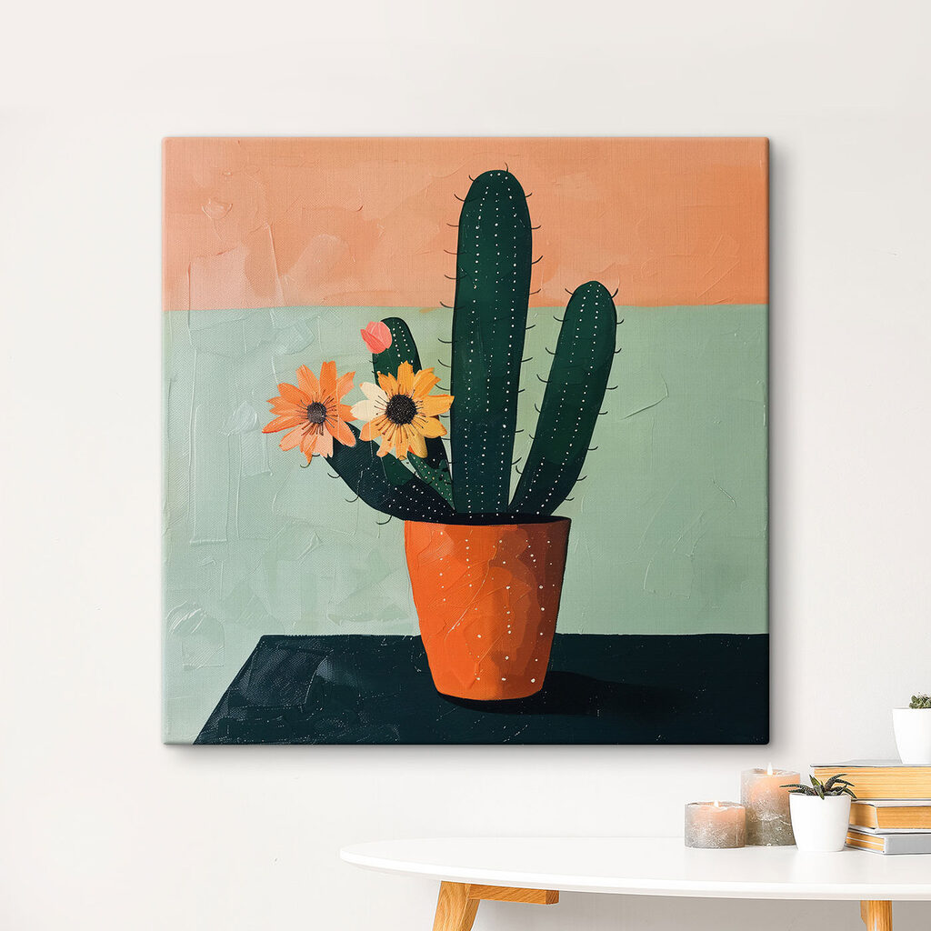 Painting of a cactus with flowers in a pot