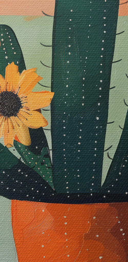 Painting of a cactus with flowers in a pot