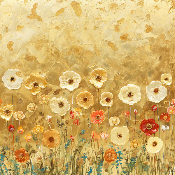 Gemälde mit Blumen an einer Wand Gemälde mit Blumen an einer Wand