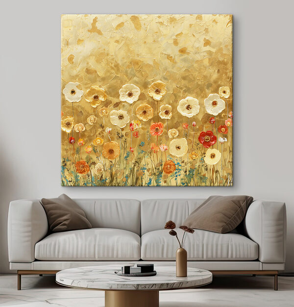Gemälde mit Blumen an einer Wand Gemälde mit Blumen an einer Wand