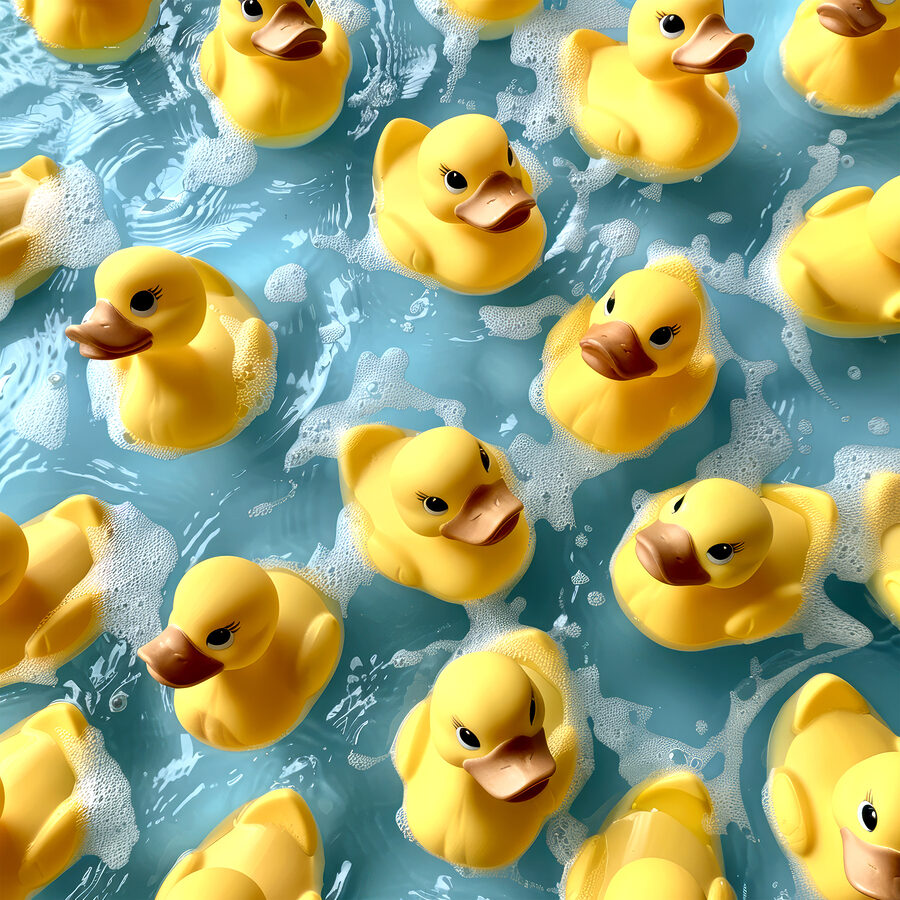 Gruppe von gelben Gummienten in einem Pool Gruppe von gelben Gummienten in einem Pool