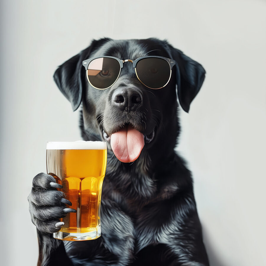 Hund mit Sonnenbrille und einem Glas Bier in der Hand