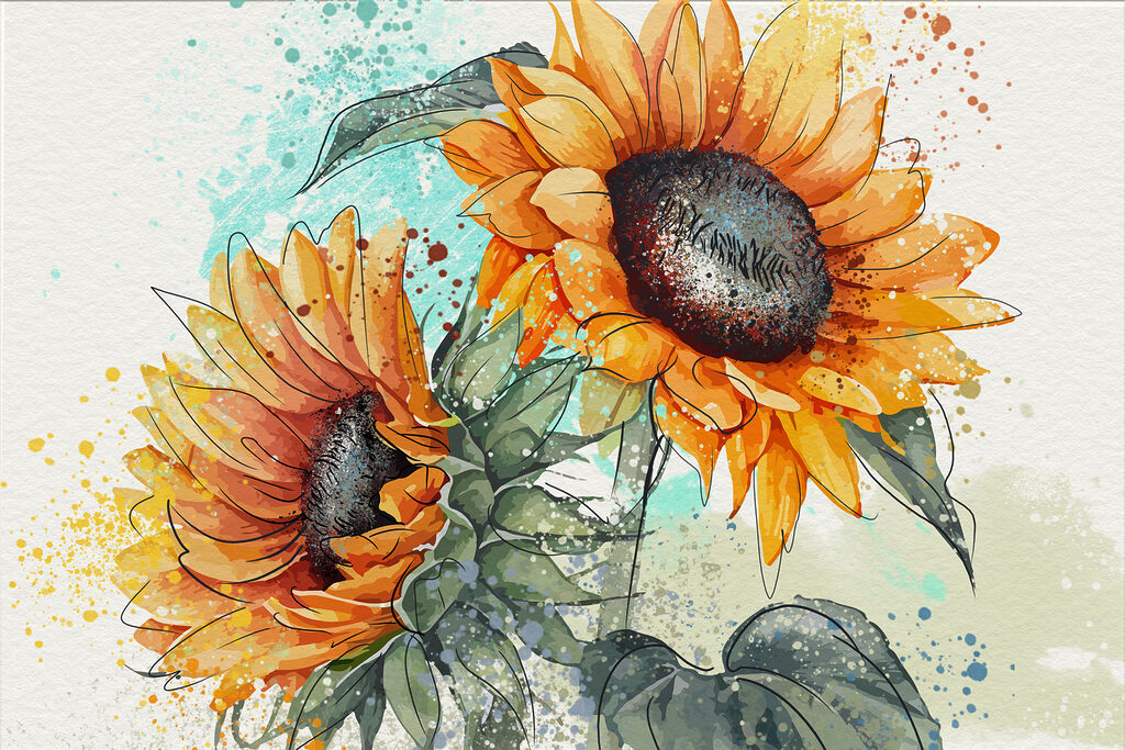 Painting of sunflowers on a white background