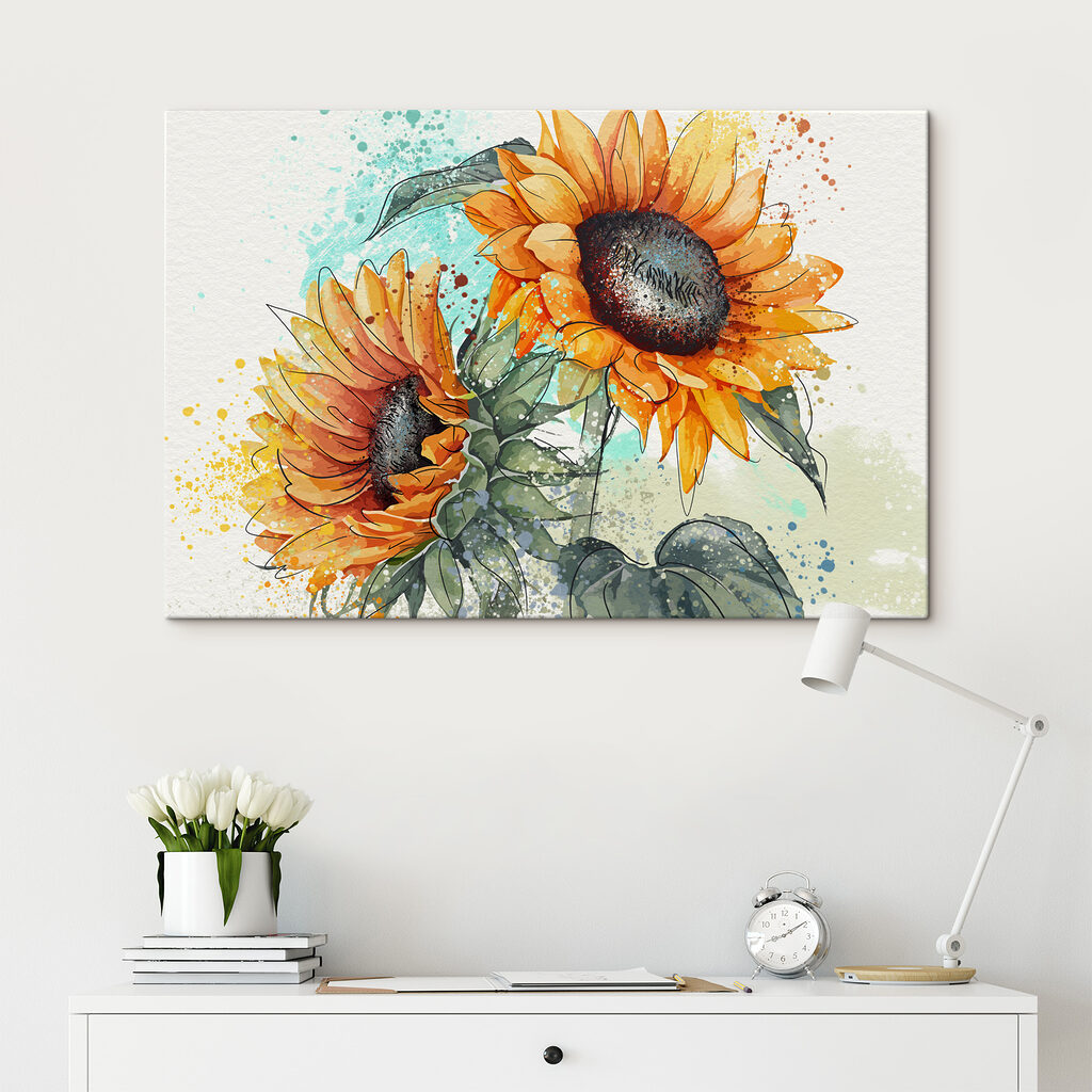 Painting of sunflowers on a white background