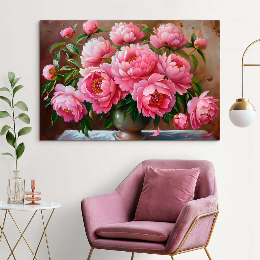 Gemälde mit rosa Blumen in einer Vase
