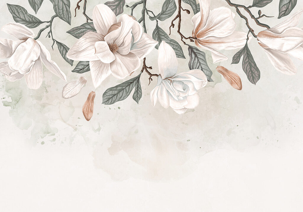 Weiße Blumen und Blätter auf einem weißen Hintergrund Weiße Blumen und Blätter auf einem weißen Hintergrund