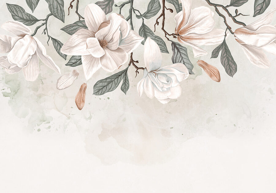 Weiße Blumen und Blätter auf einem weißen Hintergrund Weiße Blumen und Blätter auf einem weißen Hintergrund
