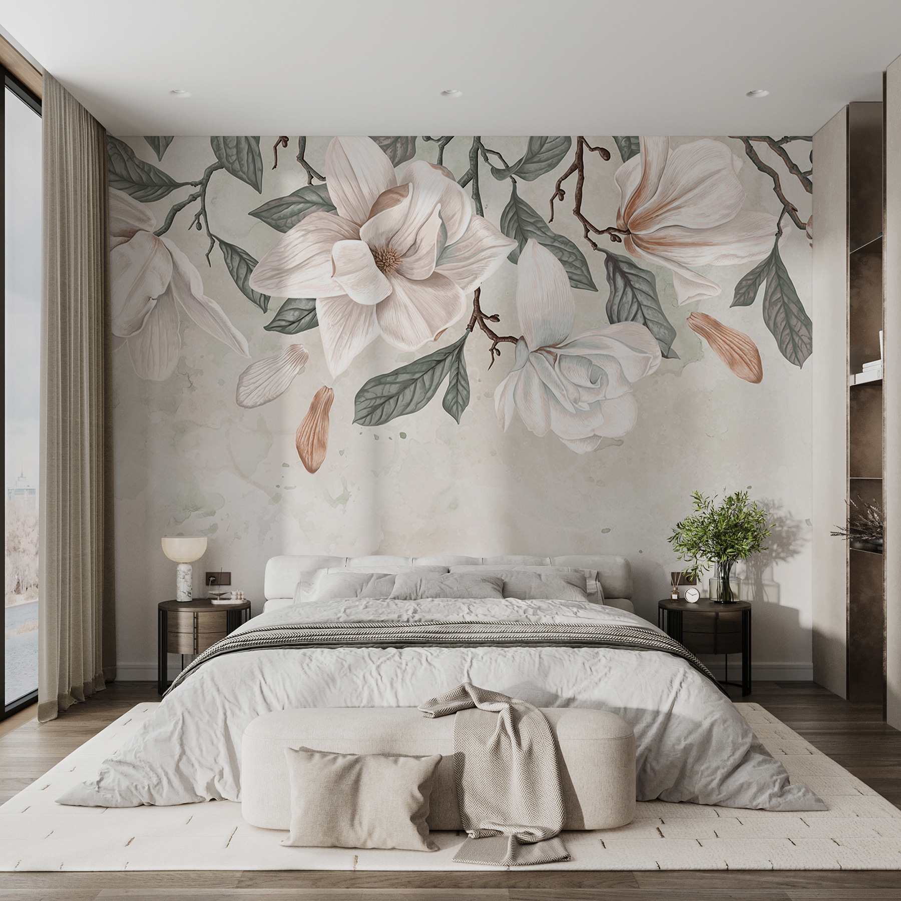 White flowers and leaves on a white background