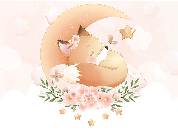 Cartoon eines schlafenden Fuchses auf dem Mond Cartoon eines schlafenden Fuchses auf dem Mond