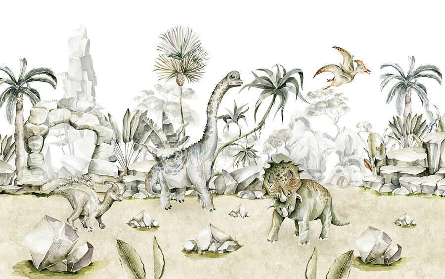 Aquarell von Dinosauriern und Pflanzen