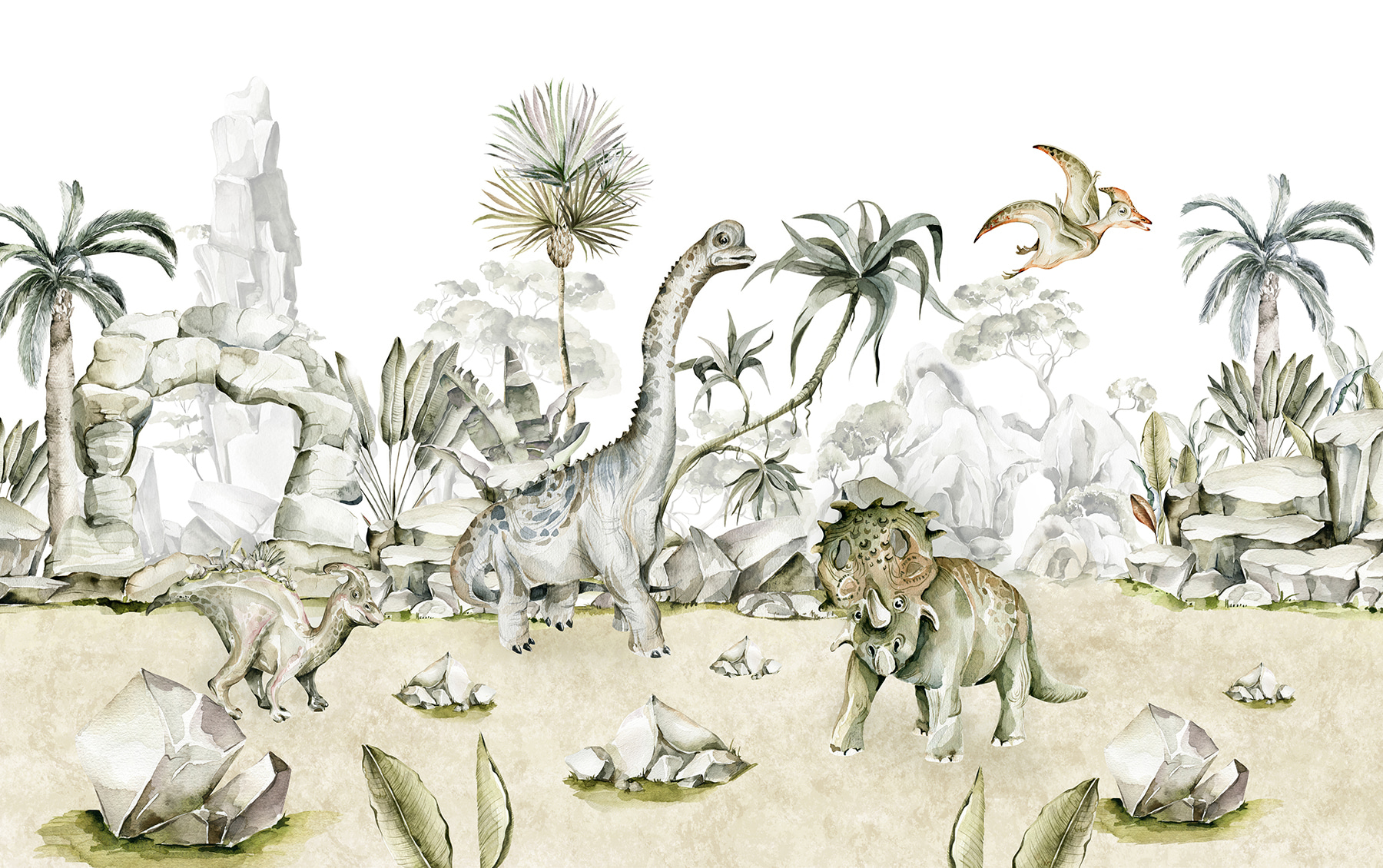 Watercolor of dinosaurs and plants