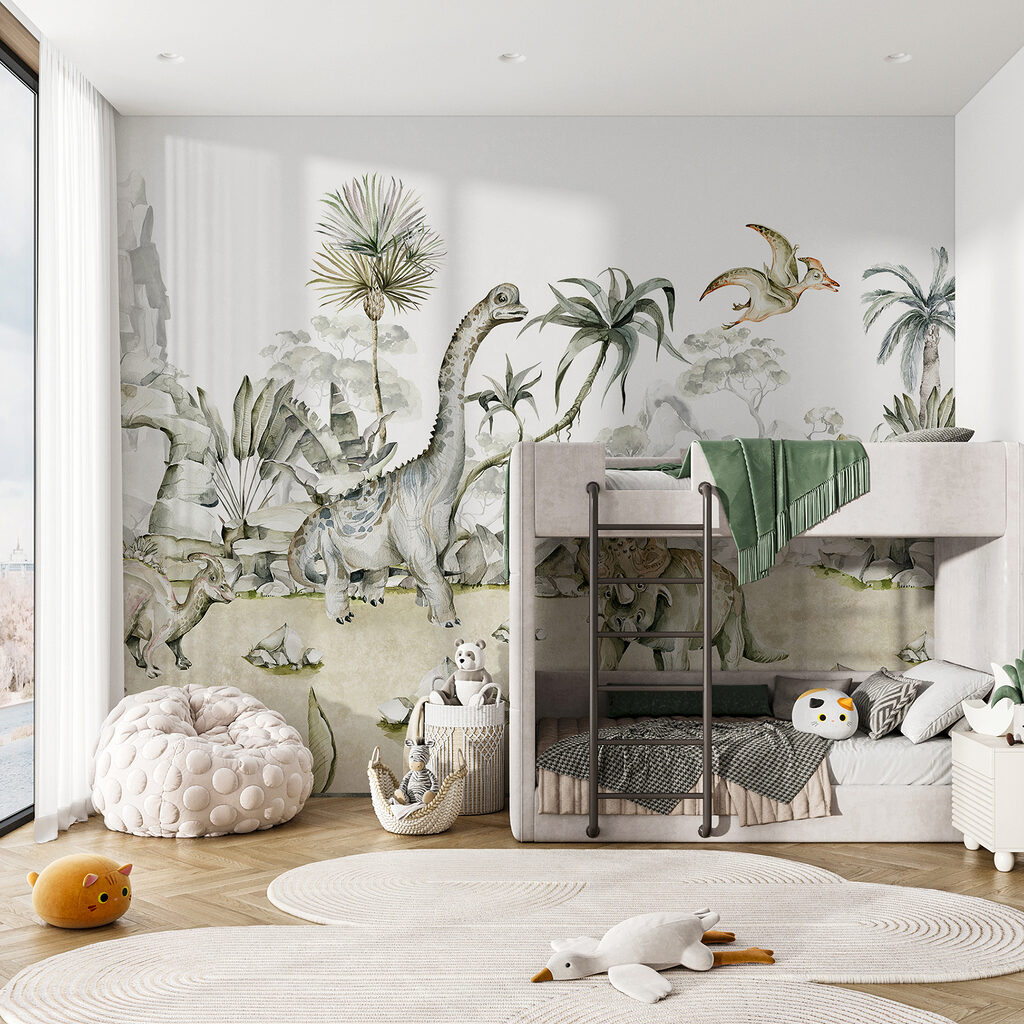 Watercolor of dinosaurs and plants