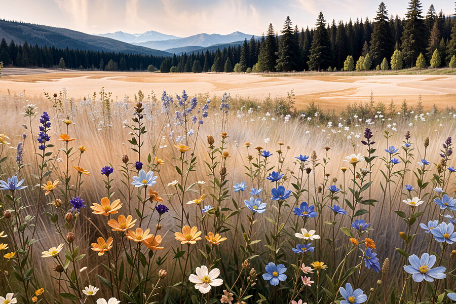 Blumenfeld mit Bäumen im Hintergrund