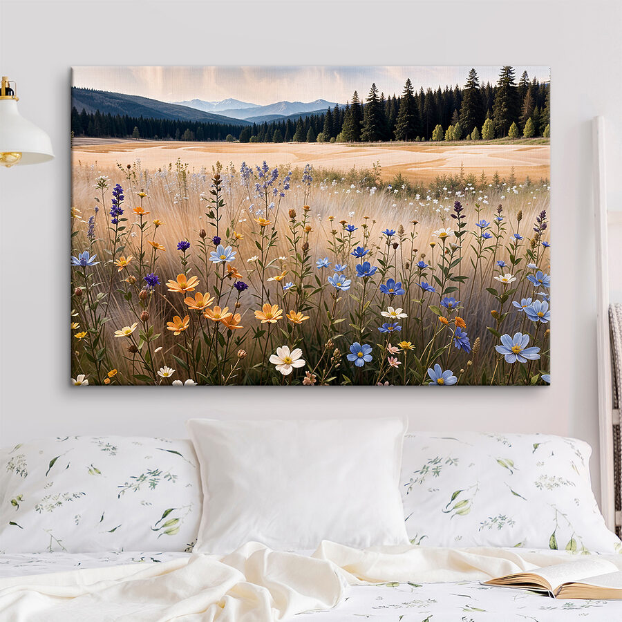 Blumenfeld mit Bäumen im Hintergrund
