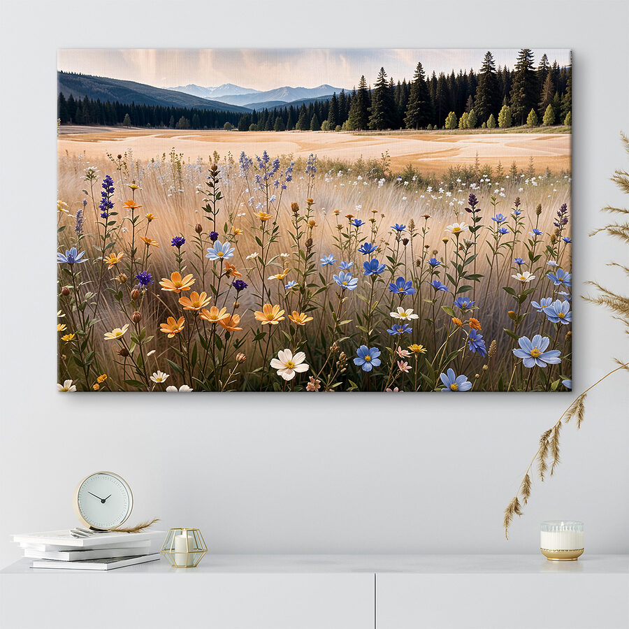 Blumenfeld mit Bäumen im Hintergrund