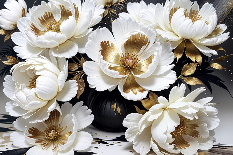 Elegantes Blumenarrangement in schwarzer Vase.