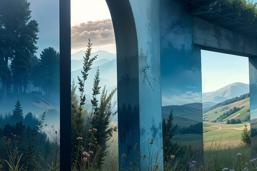 Blick auf eine Landschaft durch ein Fenster