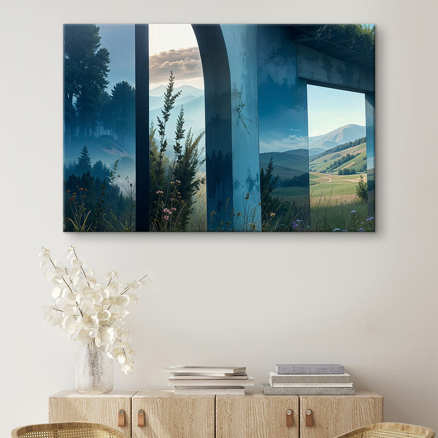 Blick auf eine Landschaft durch ein Fenster