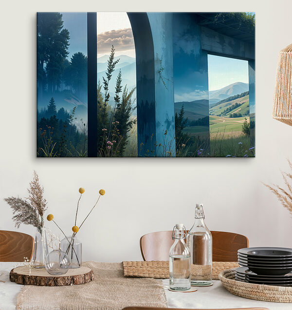Blick auf eine Landschaft durch ein Fenster Blick auf eine Landschaft durch ein Fenster