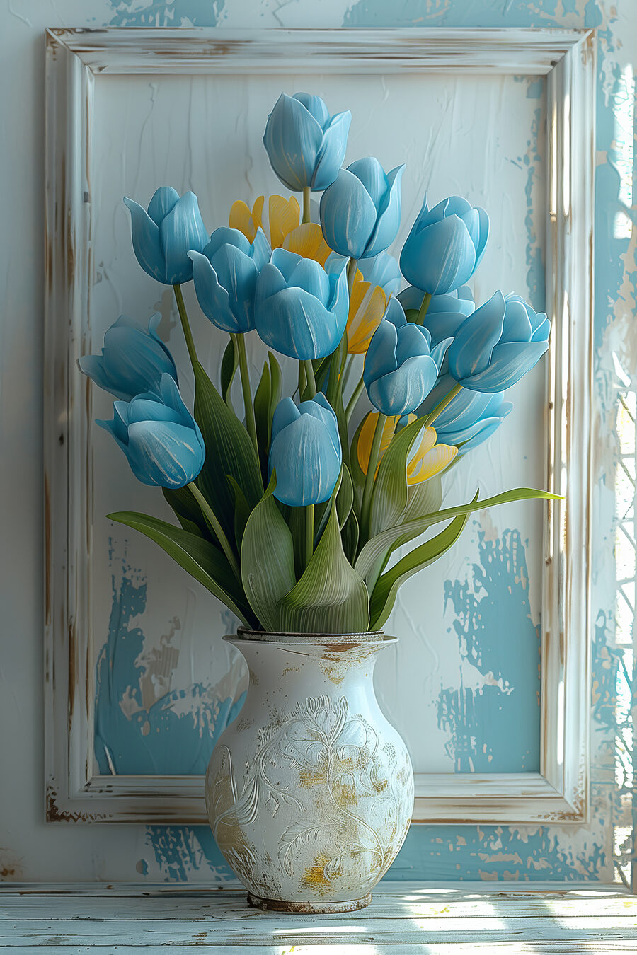 Vase mit blauen und gelben Tulpen