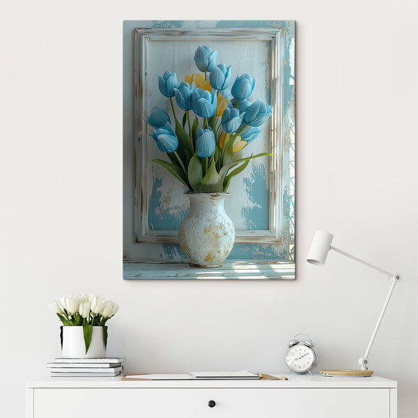 Vase mit blauen und gelben Tulpen Vase mit blauen und gelben Tulpen