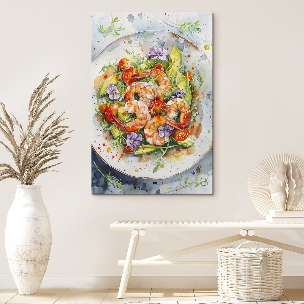 Watercolor painting of a plate of shrimp and avocado