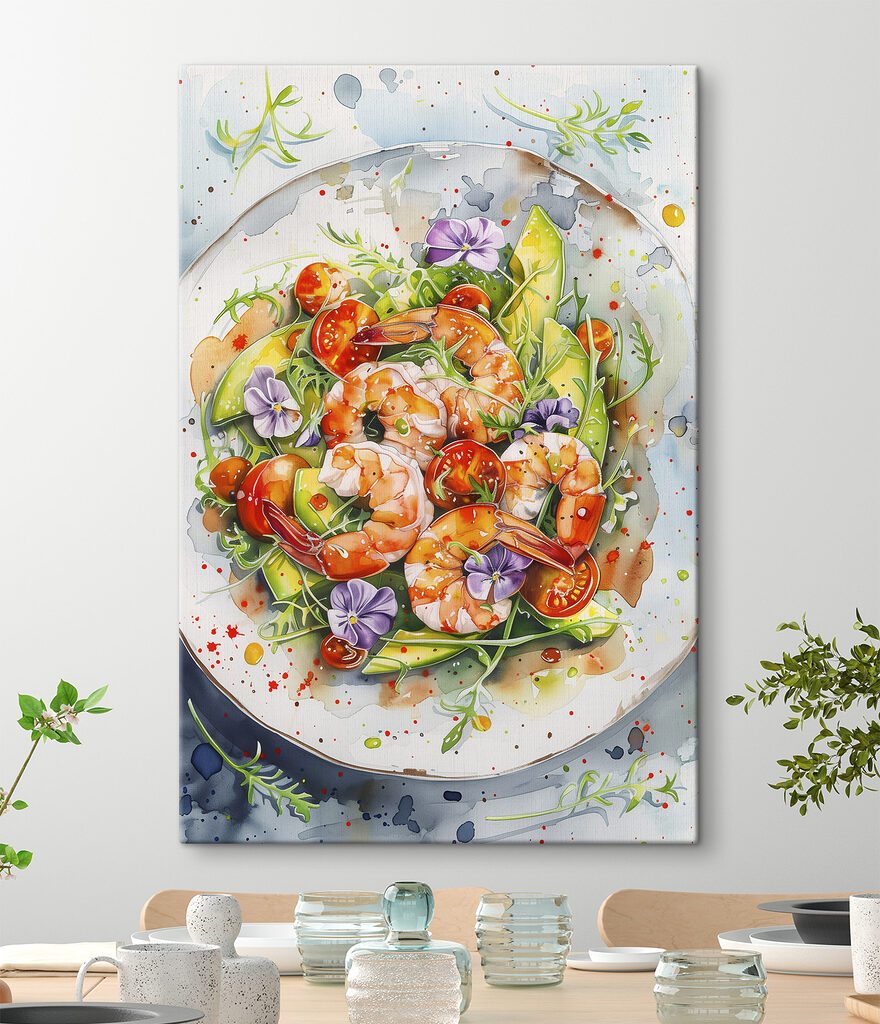 Watercolor painting of a plate of shrimp and avocado