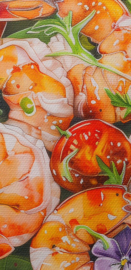 Watercolor painting of a plate of shrimp and avocado