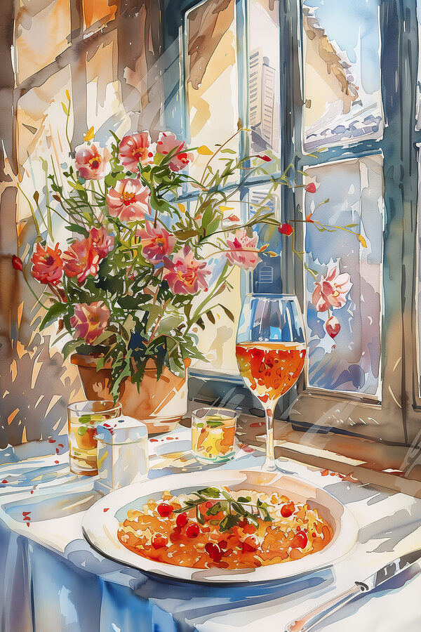 Aquarellmalerei eines Tisches mit Essen und Blumen Aquarellmalerei eines Tisches mit Essen und Blumen