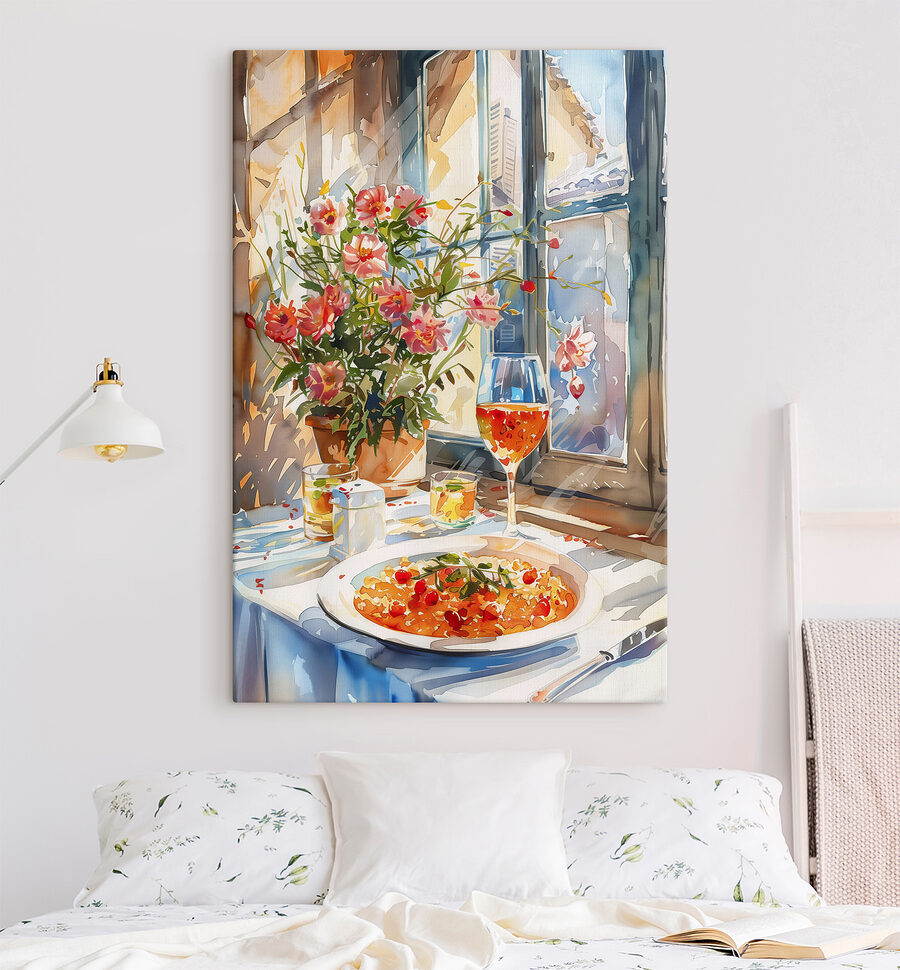 Aquarellmalerei eines Tisches mit Essen und Blumen