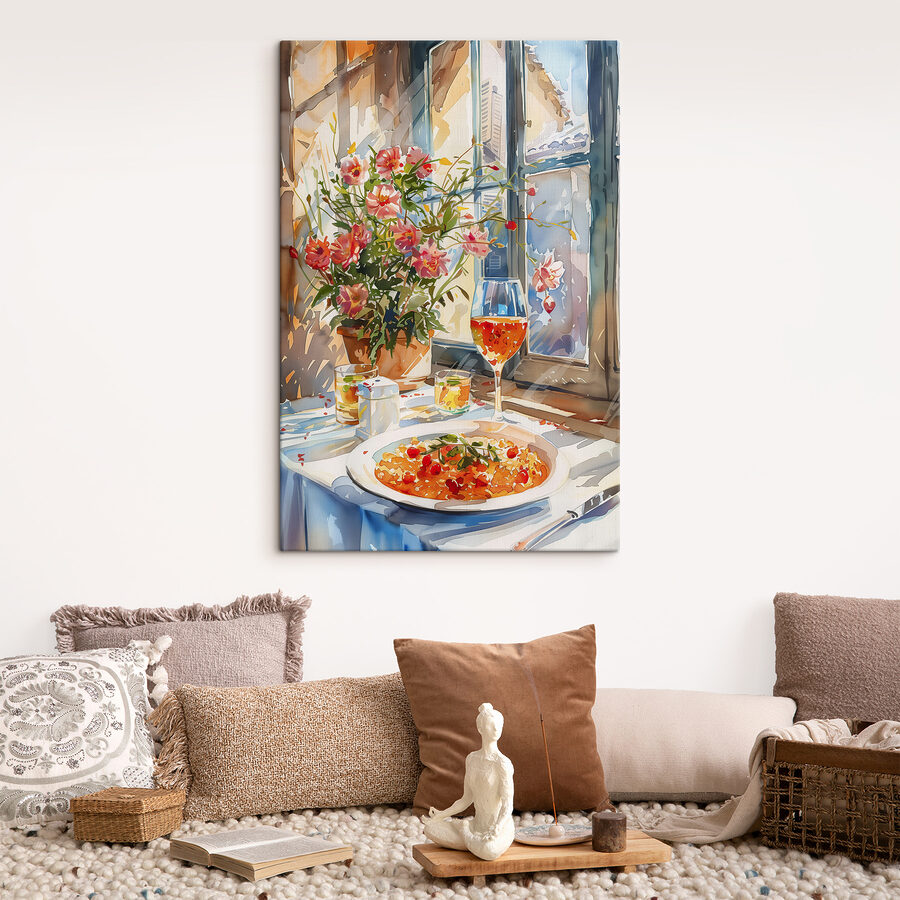 Aquarellmalerei eines Tisches mit Essen und Blumen