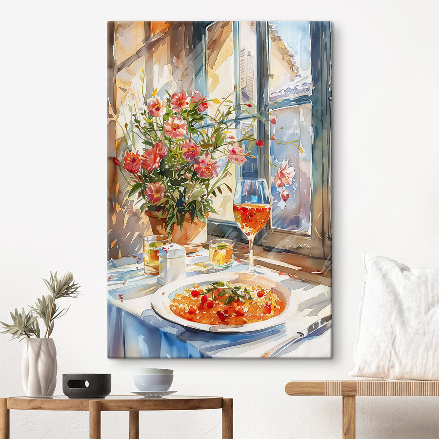 Aquarellmalerei eines Tisches mit Essen und Blumen