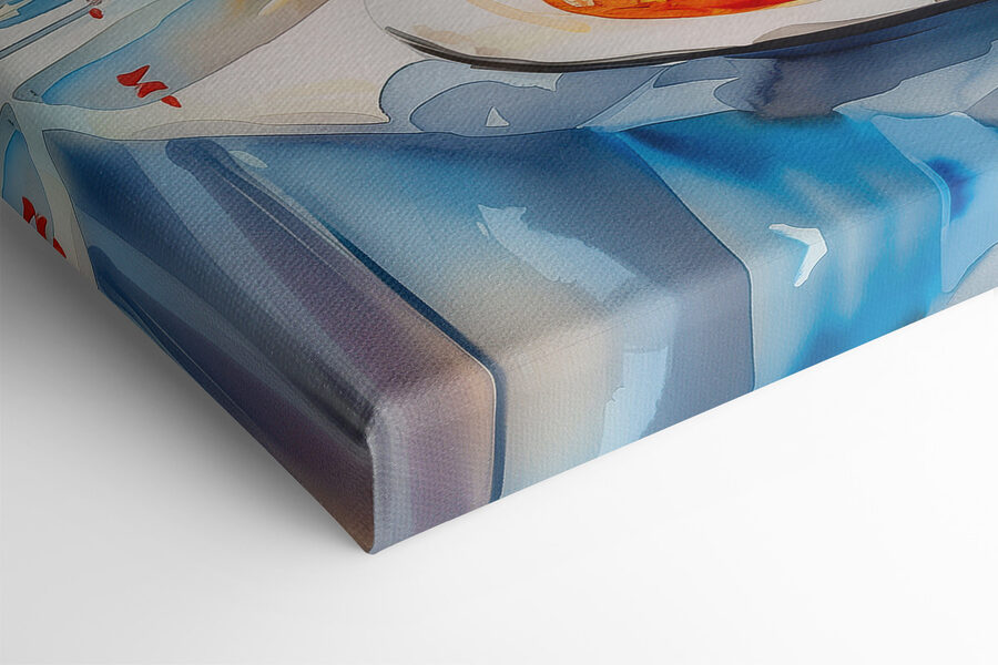 Aquarellmalerei eines Tisches mit Essen und Blumen