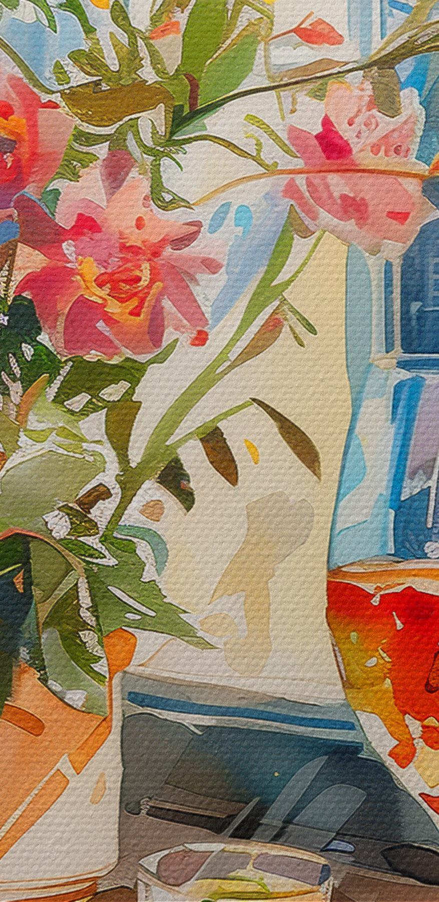Aquarellmalerei eines Tisches mit Essen und Blumen