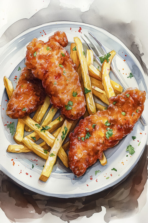 Teller mit Hähnchenflügeln und Pommes frites Teller mit Hähnchenflügeln und Pommes frites